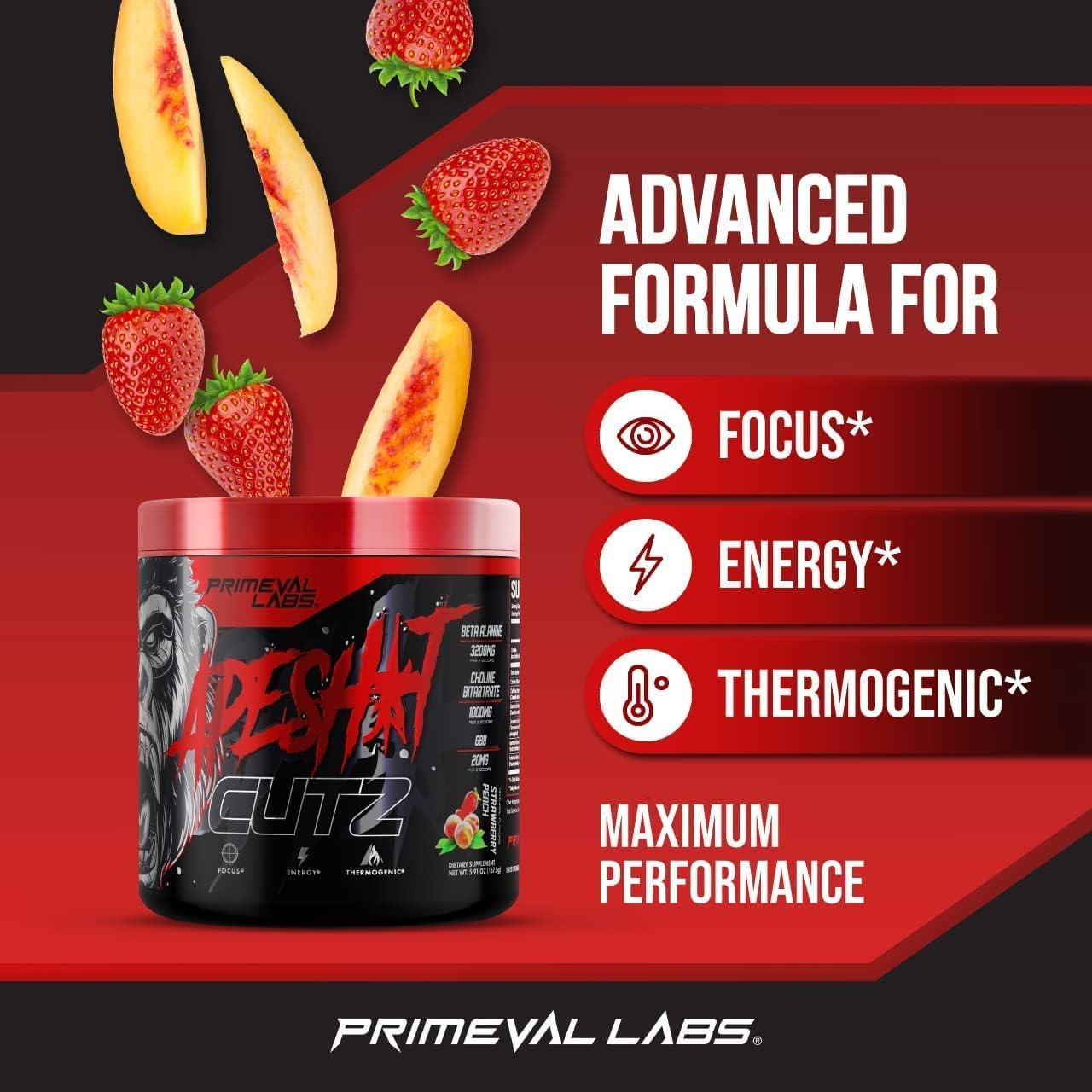 Primeval Labs Ape Cutz Pre Workout Powder - Strawberry Peach Flavor | Boost Performance with Beta Alanine | Post Workout Energy Drink - 50 Servings