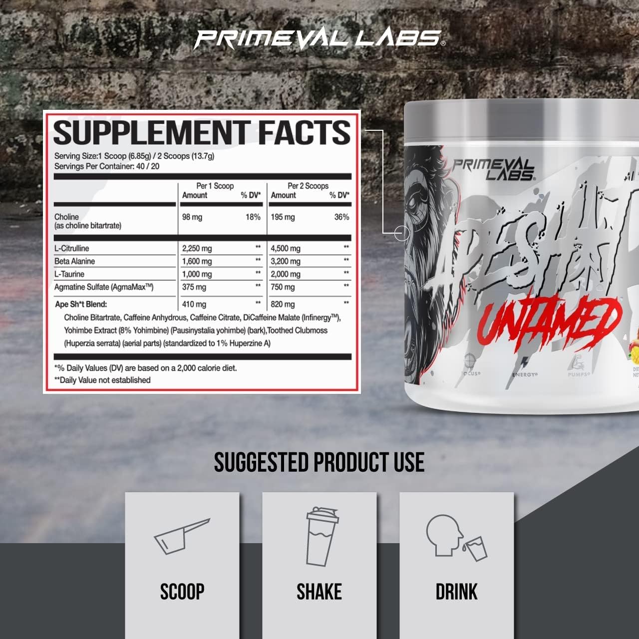 Primeval Labs Ape Untamed Pre Workout Energy Drink Powder - Boost Pumps & Focus with L-Citrulline, Beta Alanine - 40 Servings