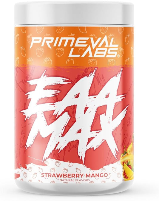 Primeval Labs EAA Max: BCAA & Amino Acid Supplement for Muscle Recovery, Hydration, Performance - Strawberry Mango Flavor - 30 Servings