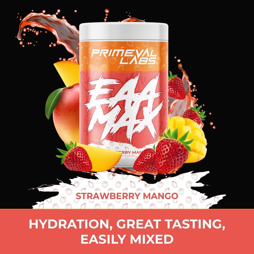 Primeval Labs EAA Max: BCAA & Amino Acid Supplement for Muscle Recovery, Hydration, Performance - Strawberry Mango Flavor - 30 Servings
