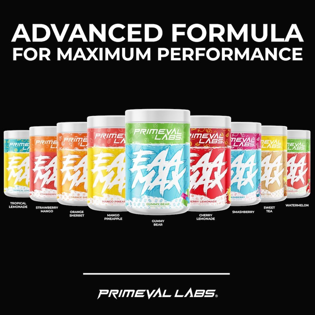 Primeval Labs EAA Max: BCAA & Amino Acid Supplement for Muscle Recovery, Hydration, Performance - Strawberry Mango Flavor - 30 Servings