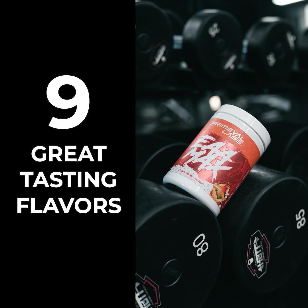 Primeval Labs EAA Max: BCAA & Amino Acid Supplement for Muscle Recovery, Hydration, Performance - Strawberry Mango Flavor - 30 Servings