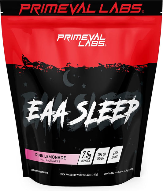 Primeval Labs EAA Max Sleep Stick Packs - Post Workout Recovery with BCAAs, EAAs, Electrolytes - Hydration & Performance Support - Keto Friendly - 16 Servings (Pink Lemonade)