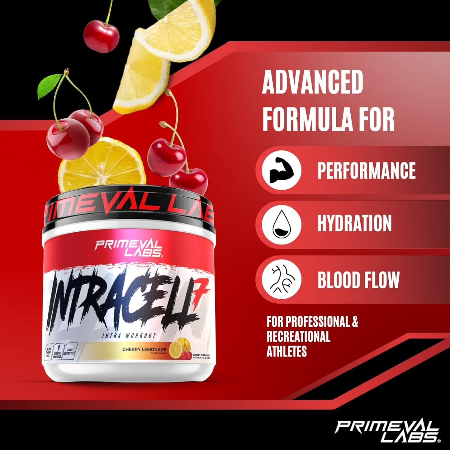 Primeval Labs Intracell 7 Intra Workout Fuel - Electrolytes, Carbs, Amino Acids, Blood Flow Enhancers - 40 Servings - Cherry Lemonade Flavor