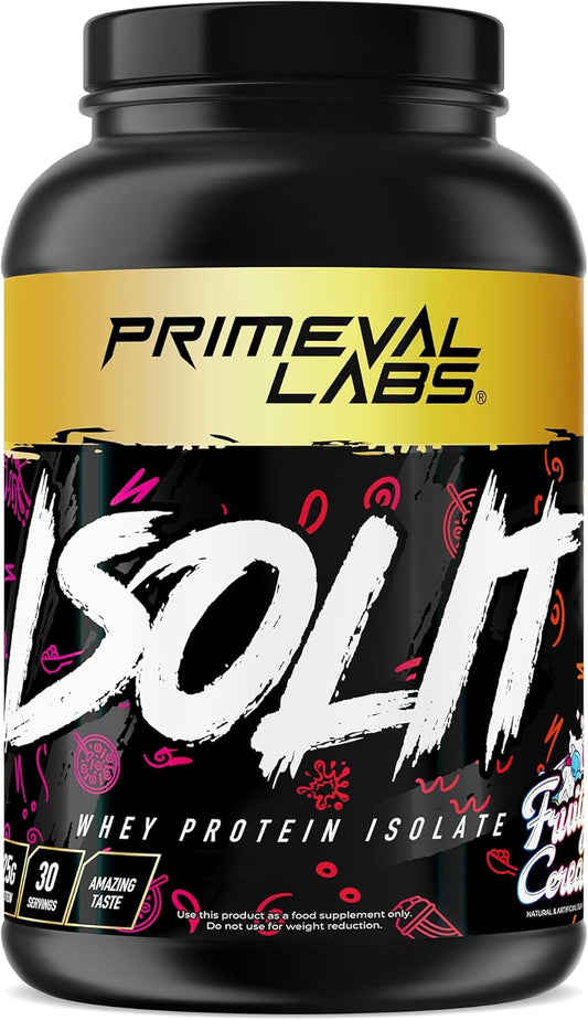 Primeval Labs ISOLIT Whey Protein Powder - 100% Whey Isolate with 25g Protein, BCAAs, Fast Absorption, Easy Digestion - Fruity Cereal Flavor - 2lb