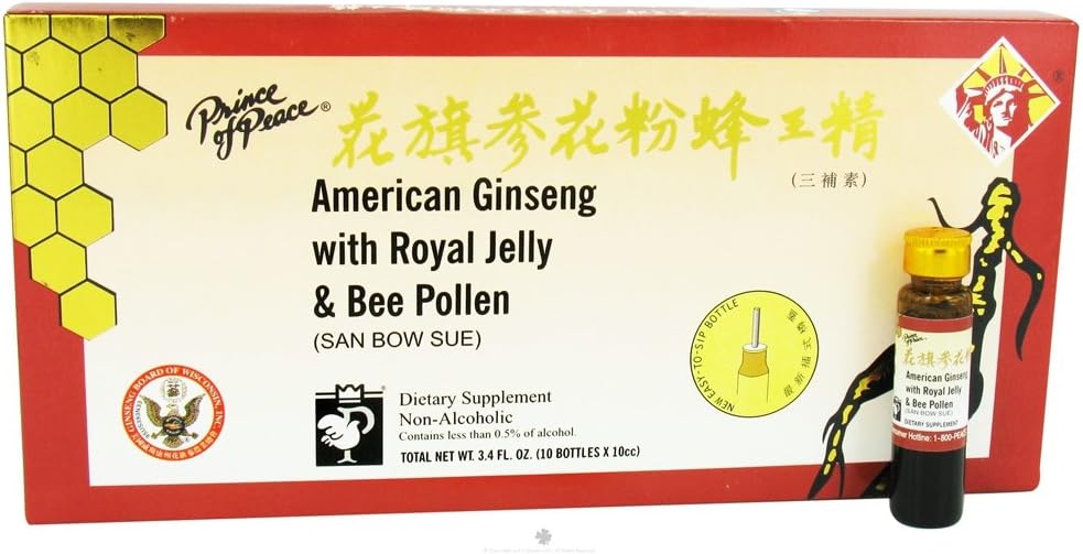 Prince Of Peace American Ginseng with Royal Jelly and Bee Pollen - 10 Single Serving Bottles