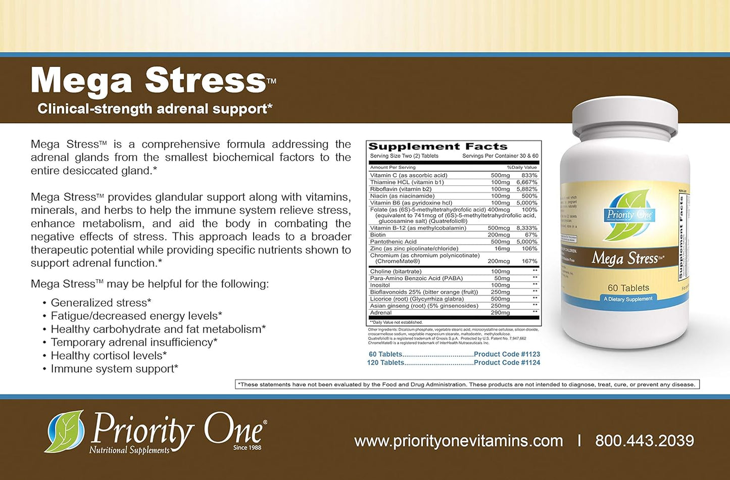 Priority One Vitamins Mega Stress 120 Tablets - B Vitamin Complex with Adrenal Support