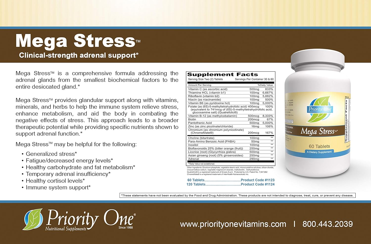 Priority One Vitamins Mega Stress 120 Tablets - B Vitamin Complex with Adrenal Support