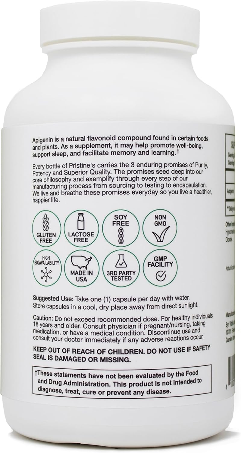 Pristine Apigenin 50mg Capsules - 300 Day Supply for Sleep, Prostate, Relaxation, Aging, Brain, Heart, Immunity - Chamomile Powder Supplement