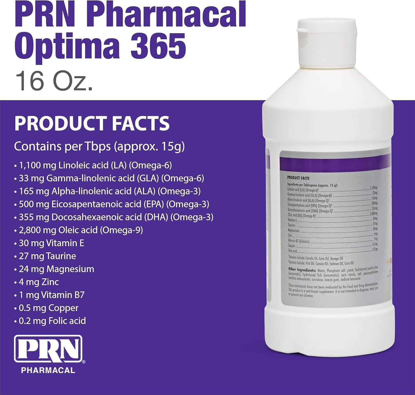 PRN Pharmacal OPTIMA 365 Essential Fatty Acids Supplement for Cats & Dogs - Omega-3, 6, 9 - 16 Fl Oz