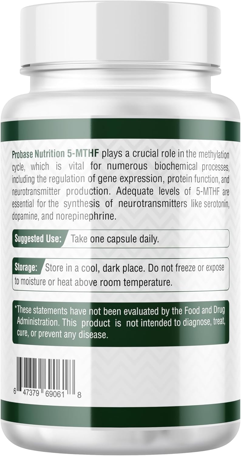 Probase Nutrition L-Methyl Folate 15mg Capsules - Professional Strength 5-MTHF Formula for Mood, Methylation, and Cognition - Vegan and Gluten-Free - 60 Count