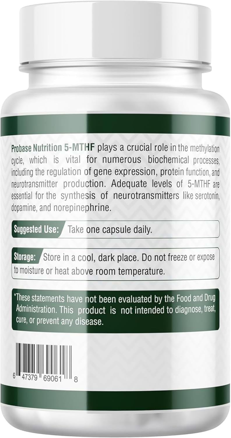 Probase Nutrition L-Methyl Folate 15mg Capsules - Professional Strength 5-MTHF Formula for Mood, Methylation, and Cognition - Vegan and Gluten-Free - 60 Count