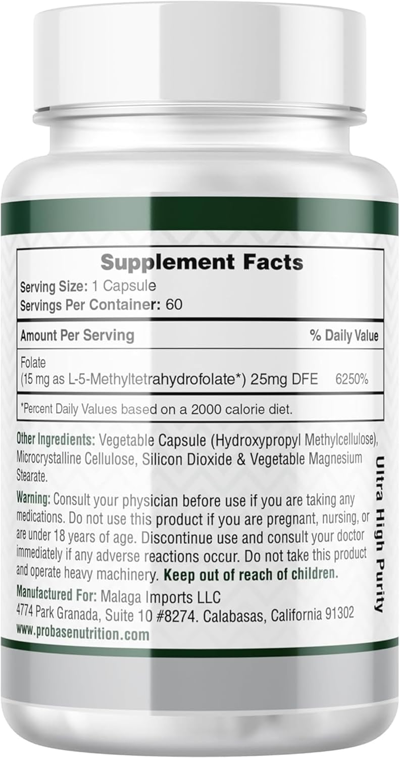 Probase Nutrition L-Methyl Folate 15mg Capsules - Professional Strength 5-MTHF Formula for Mood, Methylation, and Cognition - Vegan and Gluten-Free - 60 Count