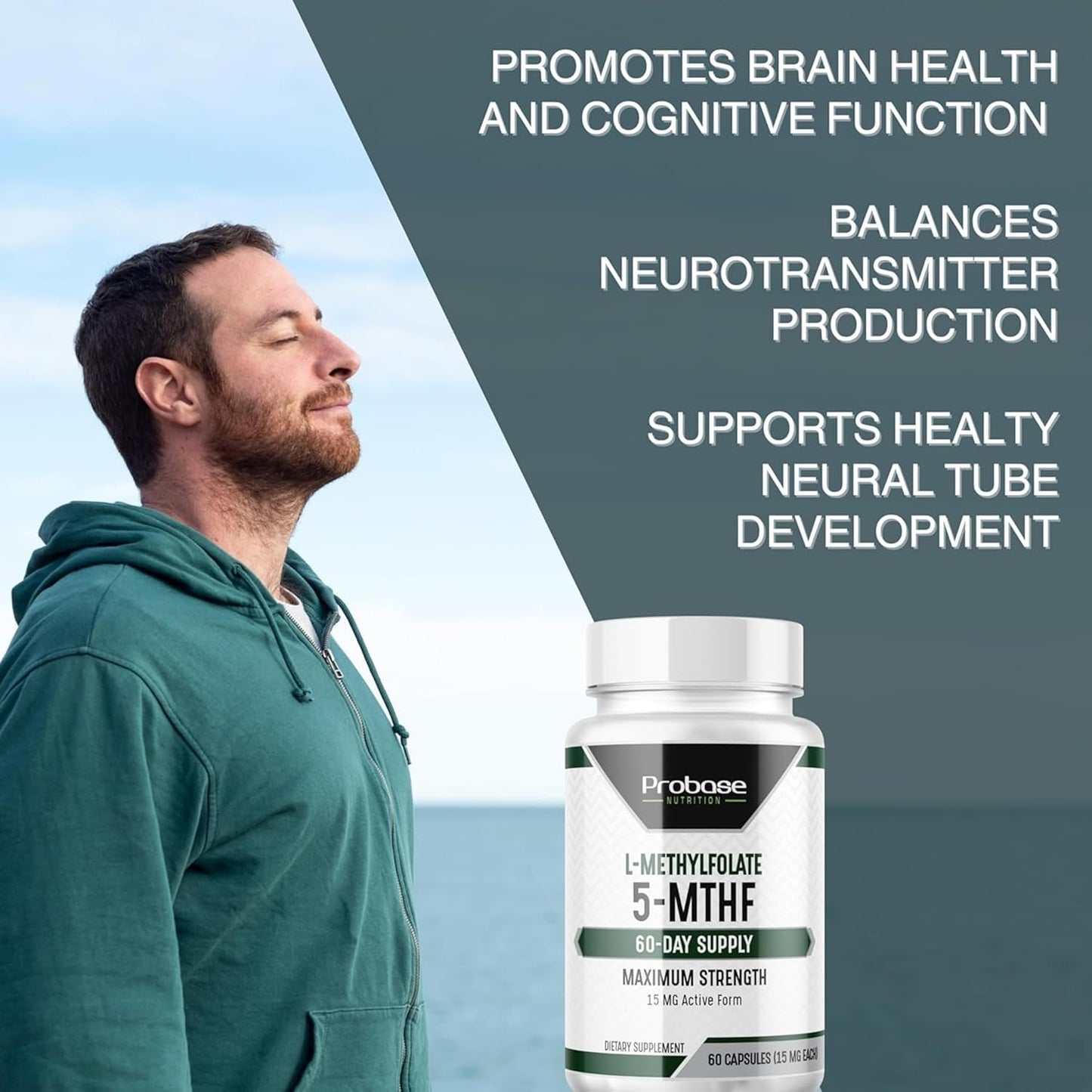 Probase Nutrition L-Methyl Folate 15mg Capsules - Professional Strength 5-MTHF Formula for Mood, Methylation, and Cognition - Vegan and Gluten-Free - 60 Count