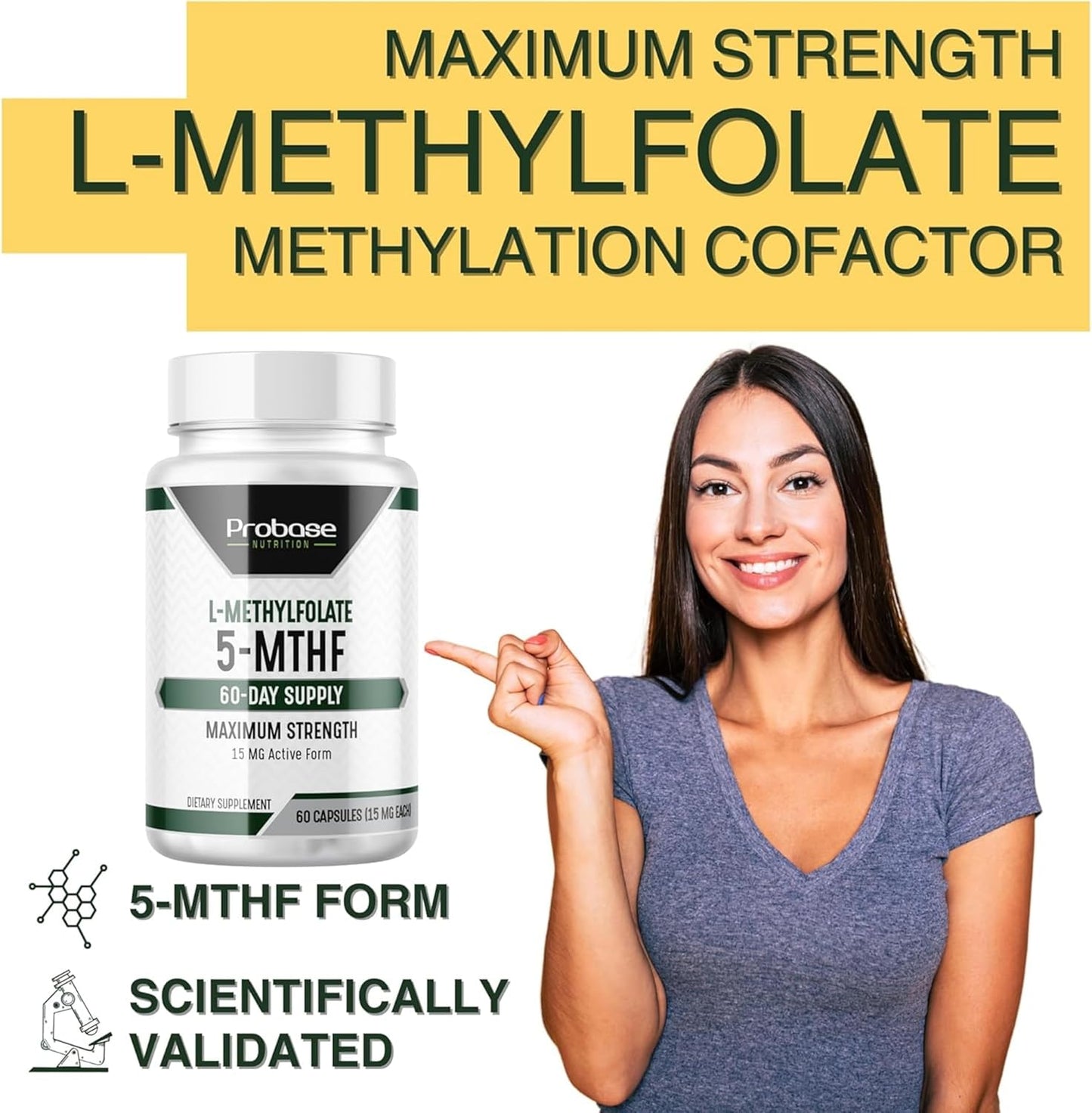 Probase Nutrition L-Methyl Folate 15mg Capsules - Professional Strength 5-MTHF Formula for Mood, Methylation, and Cognition - Vegan and Gluten-Free - 60 Count