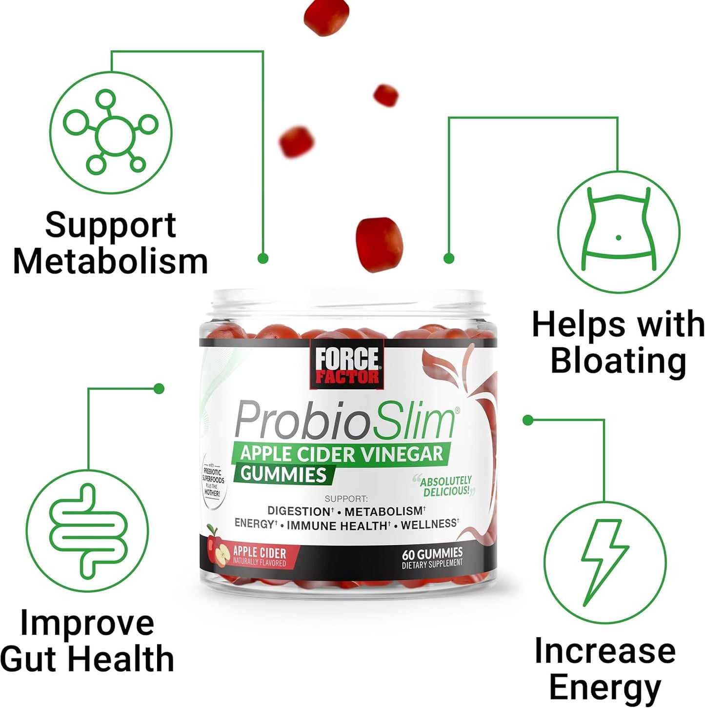 ProbioSlim Apple Cider Vinegar Gummies 2-Pack with Organic ACV, LactoSpore Probiotics, Prebiotics, 120 Gummies for Digestion & Immune Health