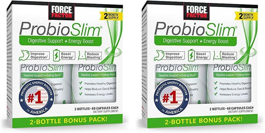 ProbioSlim Probiotic Supplement for Digestive Health - 120 Capsules Twin Pack with Probiotics & Green Tea Extract - Reduce Gas, Bloating, Constipation - Men & Women Friendly