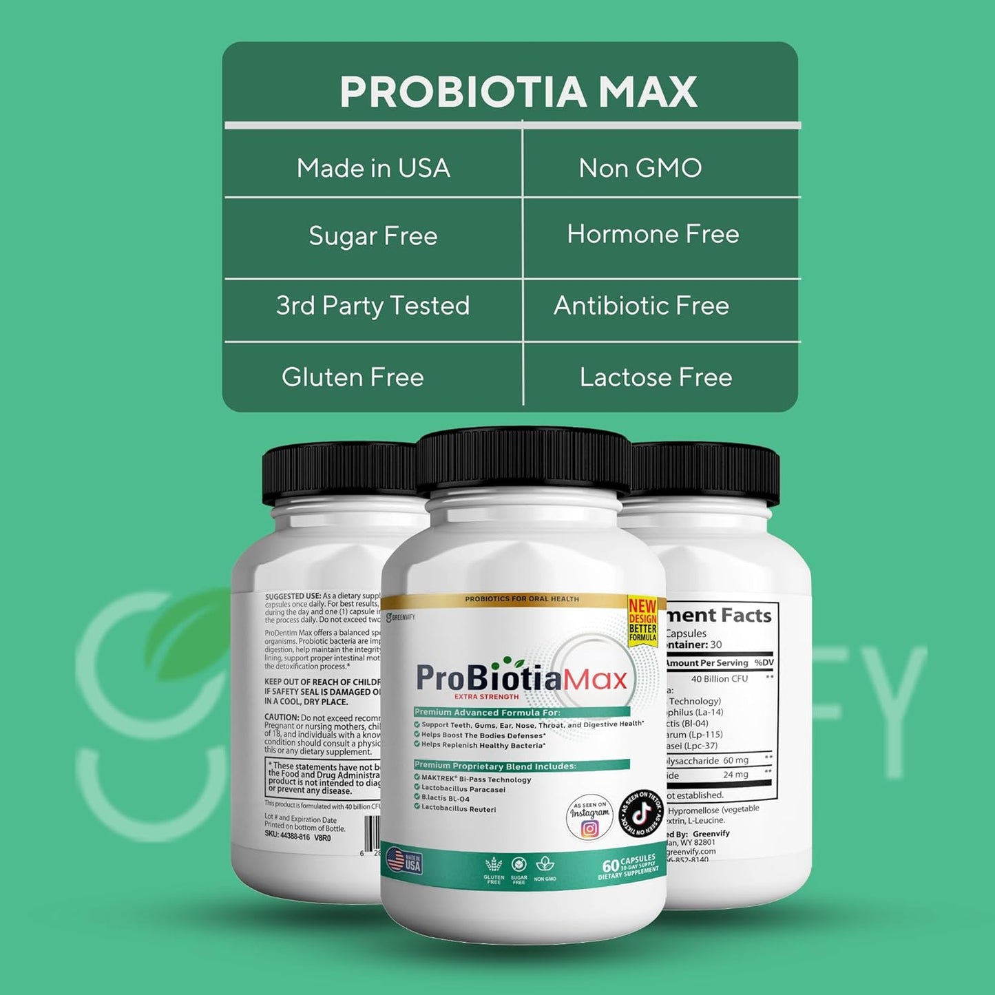 ProBiotia Max 40 Billion CFU Oral Probiotic Supplement for Teeth and Gum Health - 60 Capsules, Gluten Free