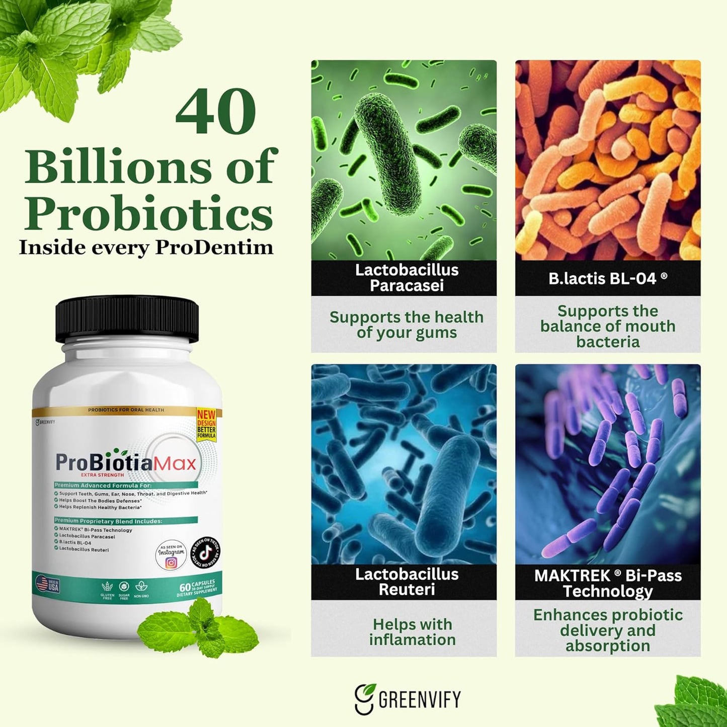 ProBiotia Max 40 Billion CFU Oral Probiotic Supplement for Teeth and Gum Health - 60 Capsules, Gluten Free