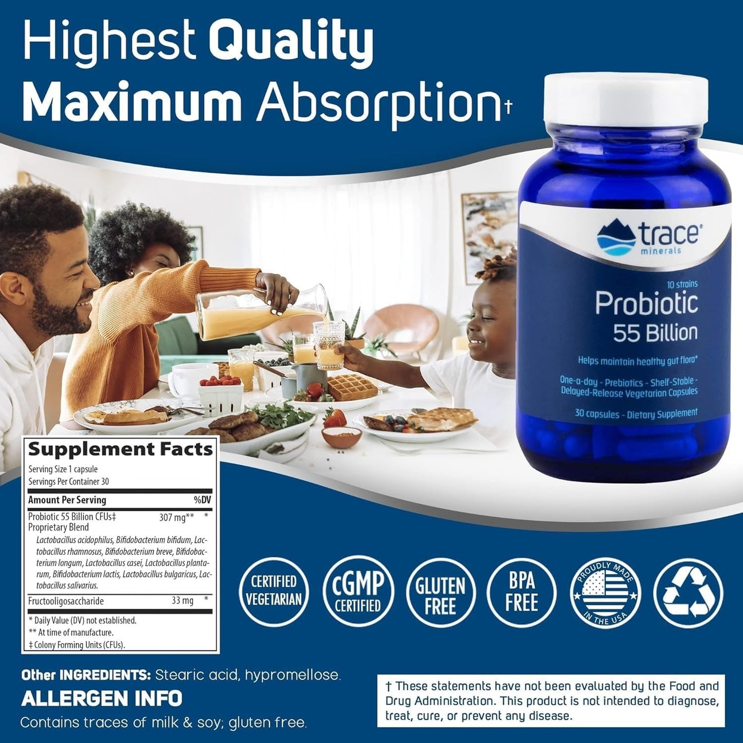 Probiotic 55 Billion with Trace Minerals - Gut Health Support Supplement - Boost Digestive Health with Probiotics & Prebiotics - 30 Capsules