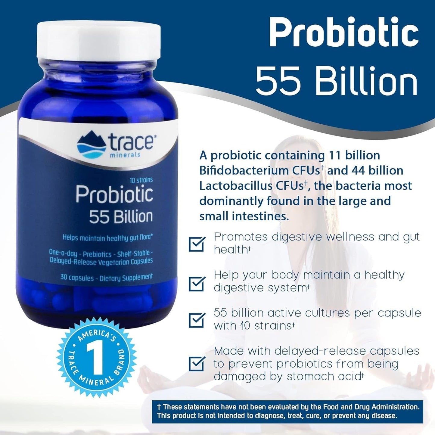 Probiotic 55 Billion with Trace Minerals - Gut Health Support Supplement - Boost Digestive Health with Probiotics & Prebiotics - 30 Capsules