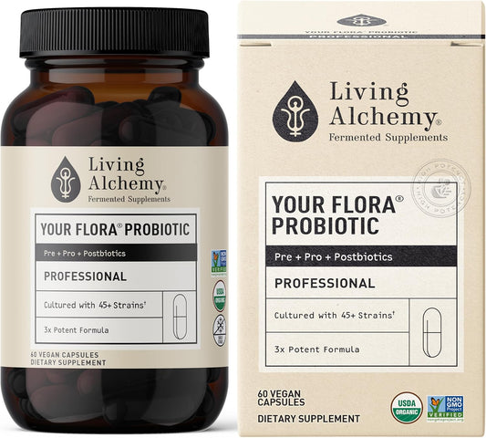 Probiotic Digestion Supplement for Gut Health - Living Alchemy Your Flora Professional with Fermented Soybean, Prebiotics, Enzymes - Vegan, Non-GMO (60 Capsules)