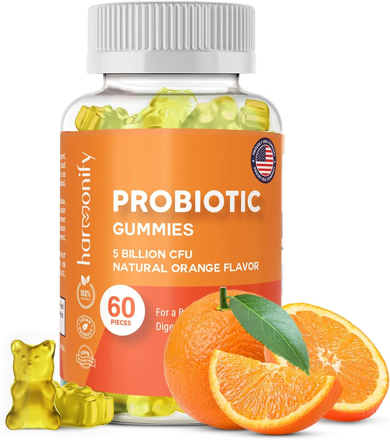 Probiotic Gummies 5 Billion CFU for Digestive Support, Women & Men, Natural Orange Flavor, 30 Day Supply