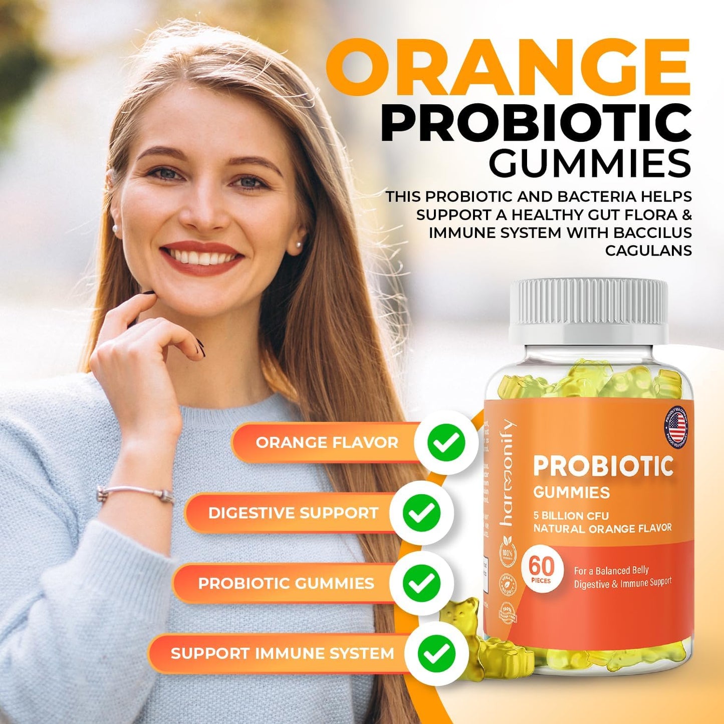 Probiotic Gummies 5 Billion CFU for Digestive Support, Women & Men, Natural Orange Flavor, 30 Day Supply