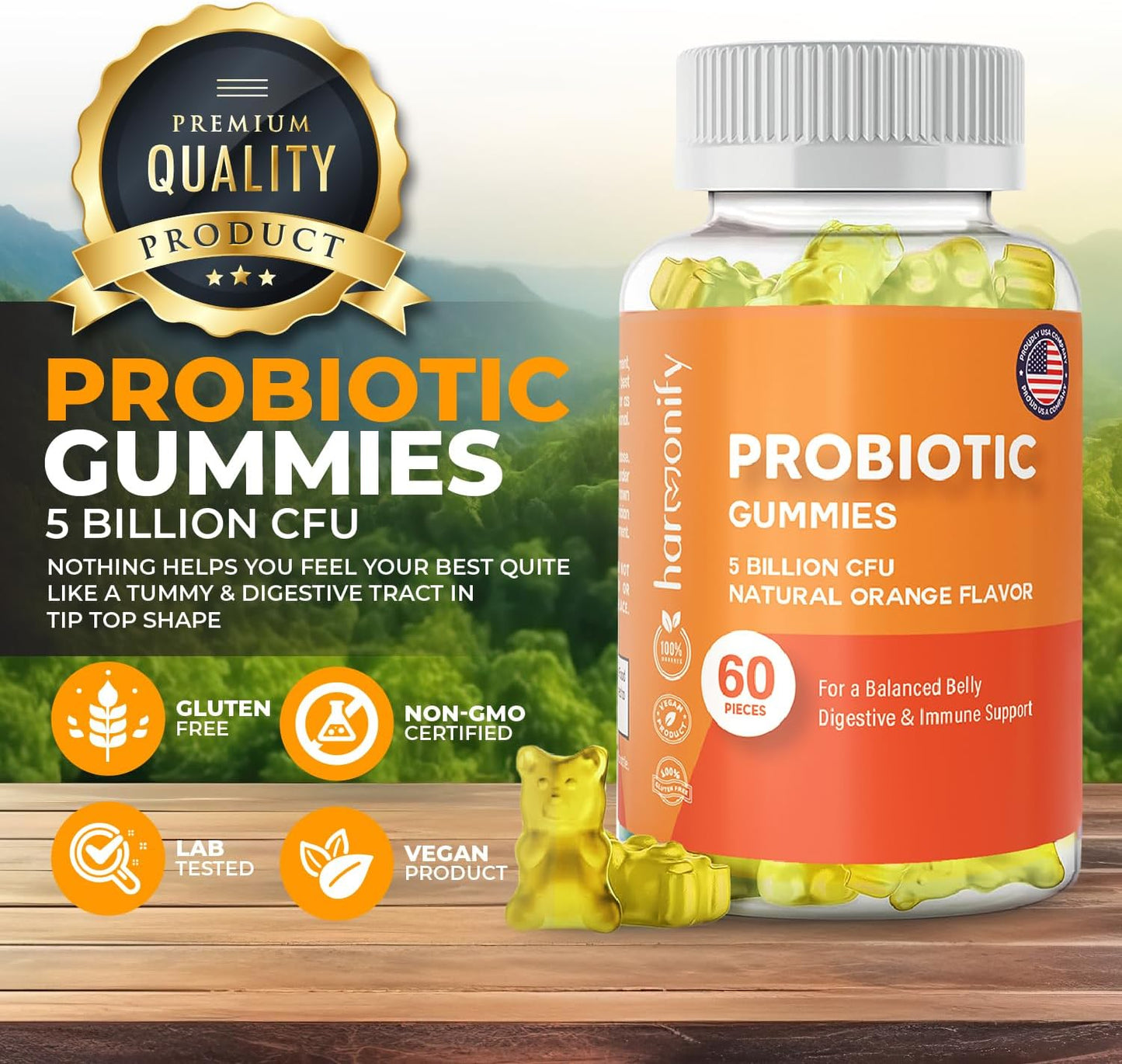 Probiotic Gummies 5 Billion CFU for Digestive Support, Women & Men, Natural Orange Flavor, 30 Day Supply