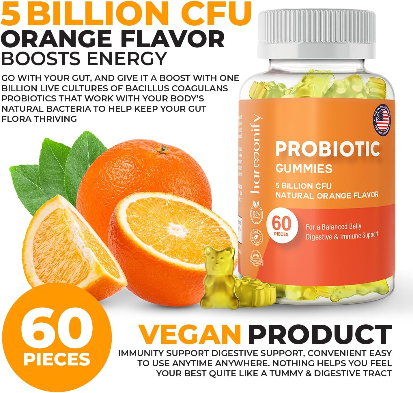 Probiotic Gummies 5 Billion CFU for Digestive Support, Women & Men, Natural Orange Flavor, 30 Day Supply