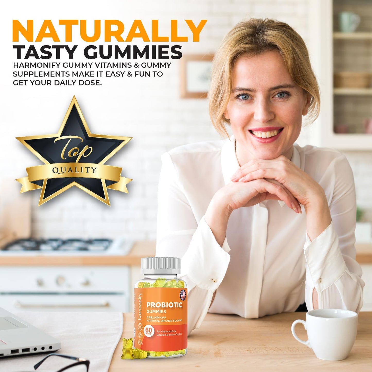 Probiotic Gummies 5 Billion CFU for Digestive Support, Women & Men, Natural Orange Flavor, 30 Day Supply