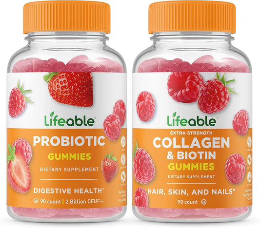 Probiotic Gummies Bundle with Collagen & Biotin - 2 Billion CFU, Vitamin Supplement, Gluten-Free, GMO-Free