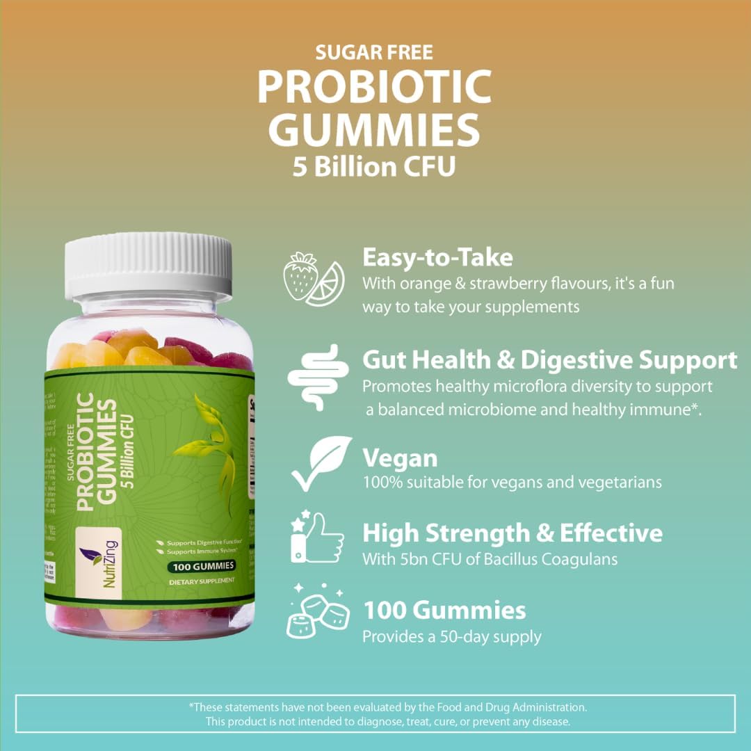 Probiotic Gummies for Digestive & Immune Health - Sugar-Free Chewable Supplement for Men & Women - Fruit Flavored - 100 Count, 5 Billion CFU