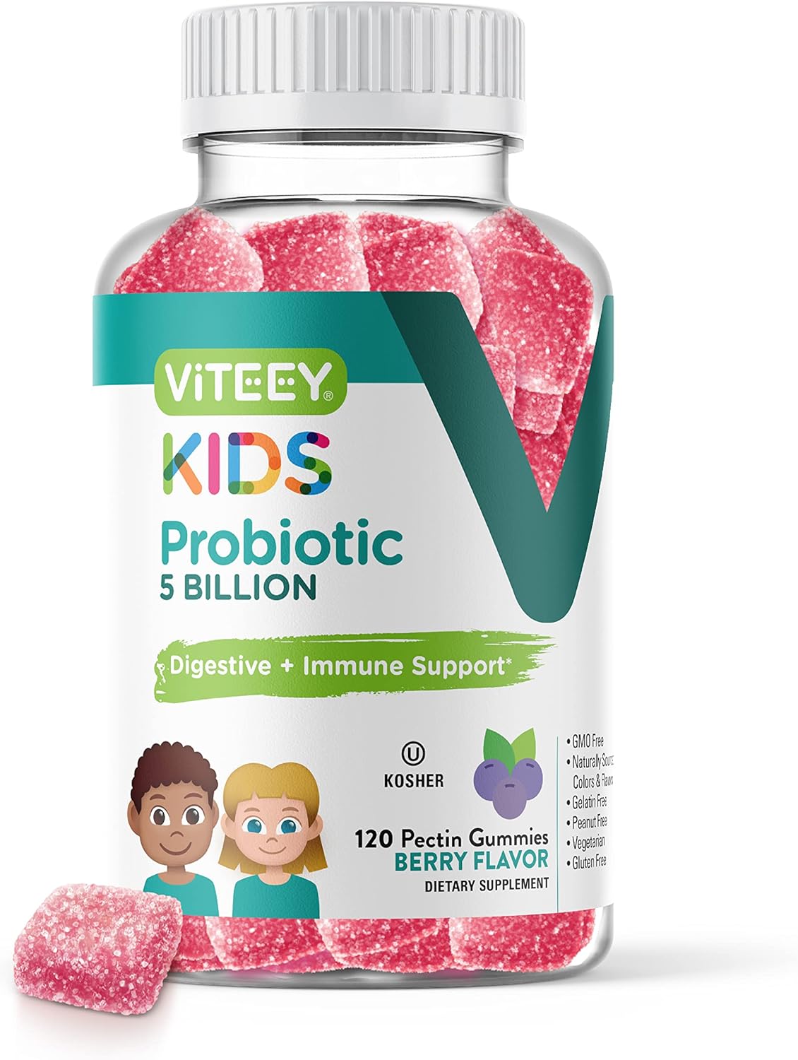Probiotic Gummies for Kids - 5 Billion CFUs - Constipation Relief, Immune & Digestive Support - Vegetarian, Gelatin & GMO Free - Berry Flavored Chewable Gummy