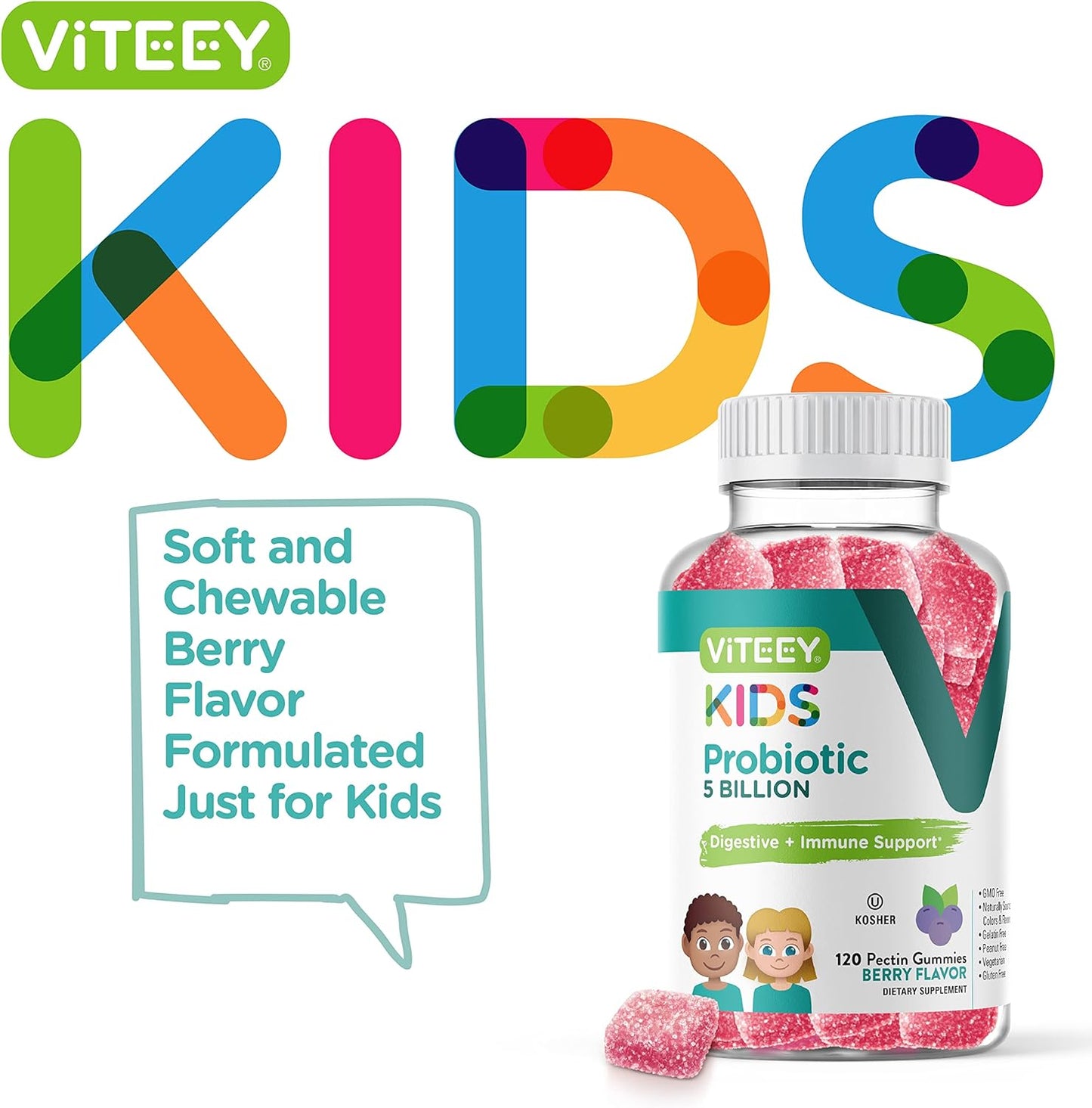 Probiotic Gummies for Kids - 5 Billion CFUs - Constipation Relief, Immune & Digestive Support - Vegetarian, Gelatin & GMO Free - Berry Flavored Chewable Gummy