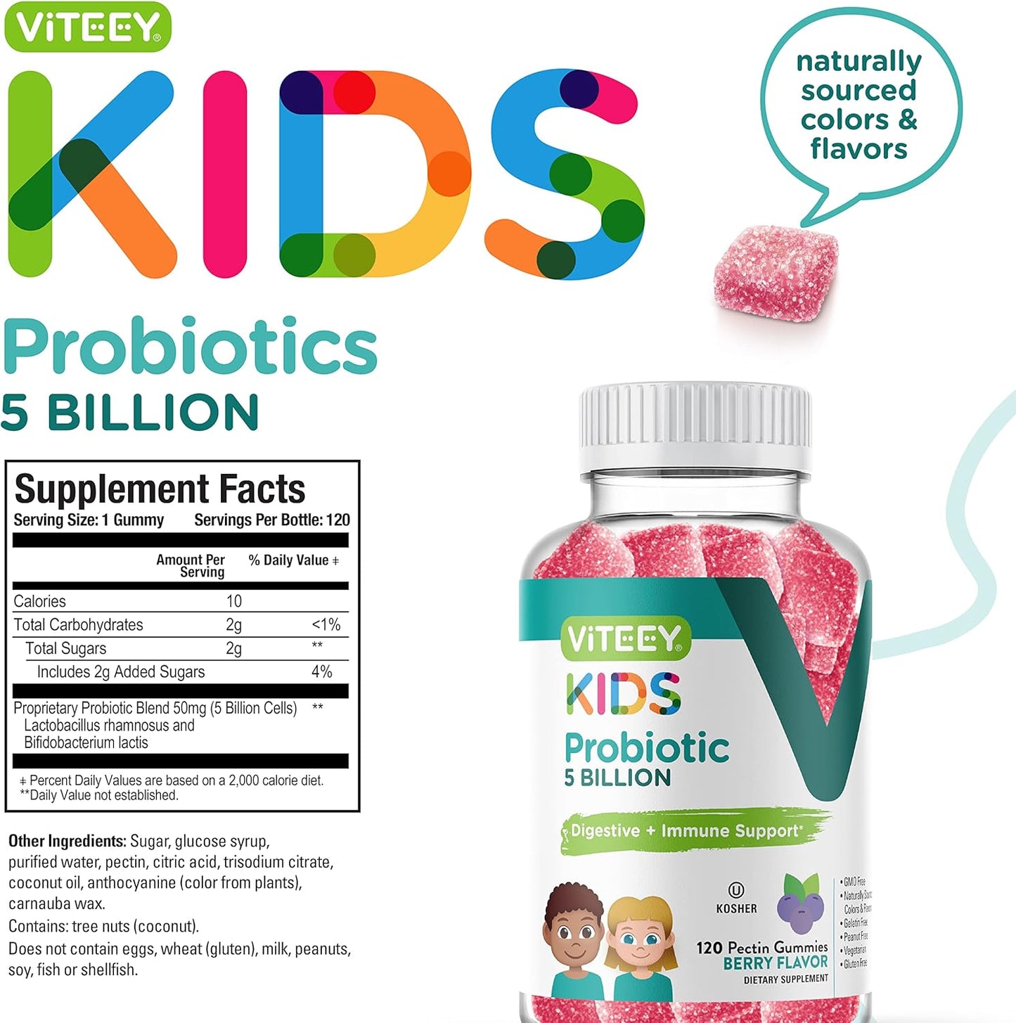 Probiotic Gummies for Kids - 5 Billion CFUs - Constipation Relief, Immune & Digestive Support - Vegetarian, Gelatin & GMO Free - Berry Flavored Chewable Gummy