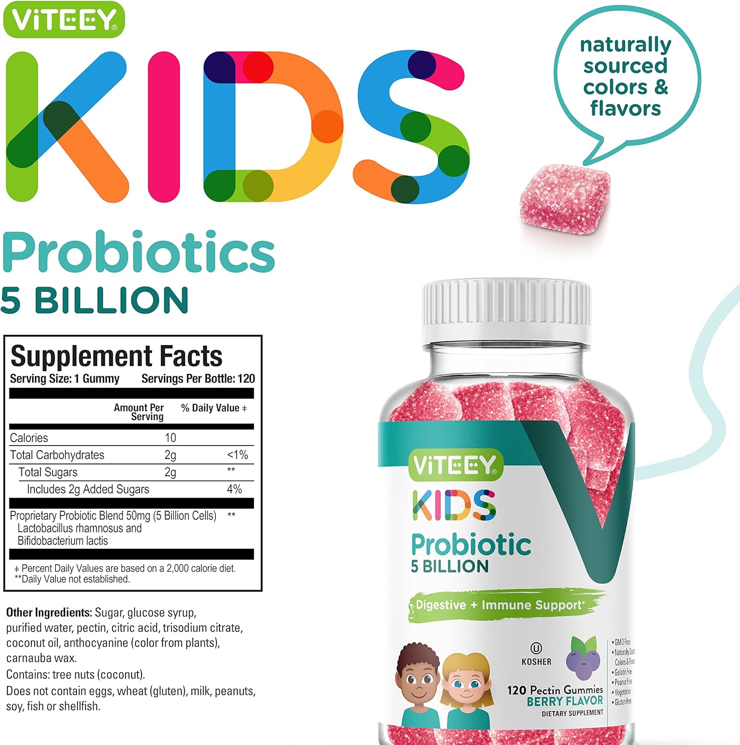 Probiotic Gummies for Kids - 5 Billion CFUs - Constipation Relief, Immune & Digestive Support - Vegetarian, Gelatin & GMO Free - Berry Flavored Chewable Gummy