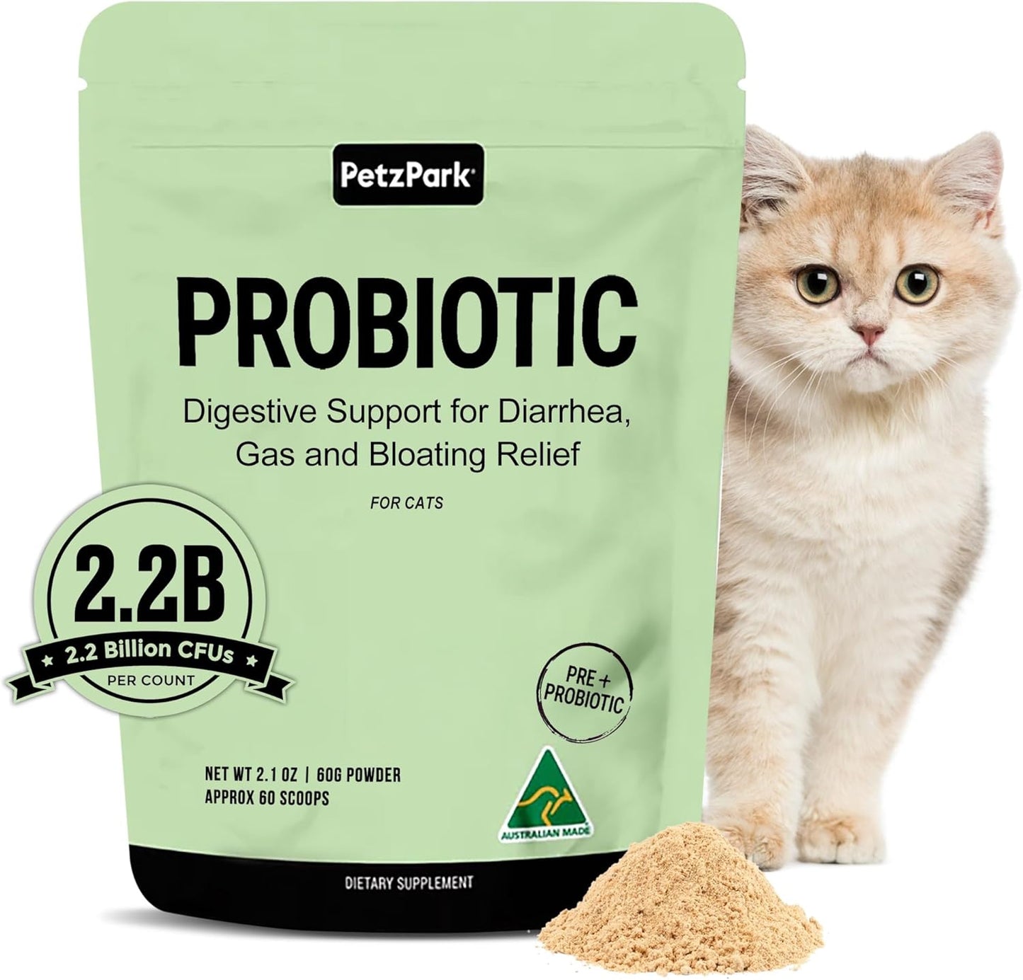 Probiotic Powder for Cats & Kittens - Hairball Prevention, Digestive & Immune Support - Indoor Cat Formula - 60 Scoops
