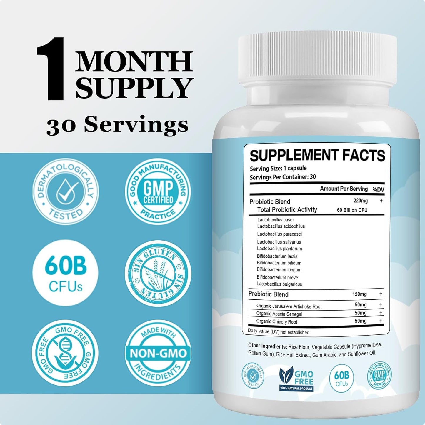 Probiotic Supplement 60 Billion CFU with 10 Strains, 3 Prebiotics - Supports Metabolism, Immunity, Digestive Health - Non-GMO, Gluten-Free - 30 Capsules