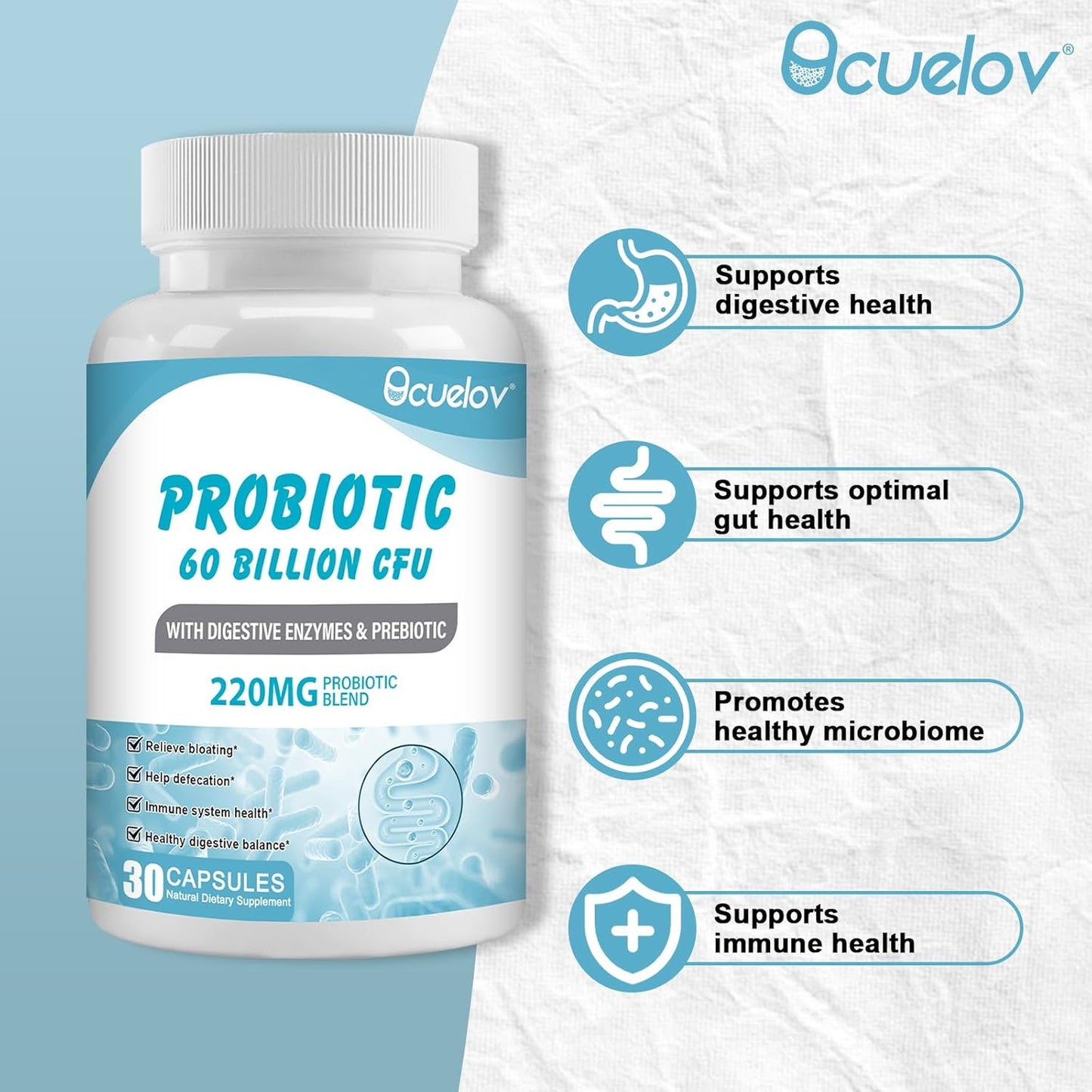 Probiotic Supplement 60 Billion CFU with 10 Strains, 3 Prebiotics - Supports Metabolism, Immunity, Digestive Health - Non-GMO, Gluten-Free - 30 Capsules