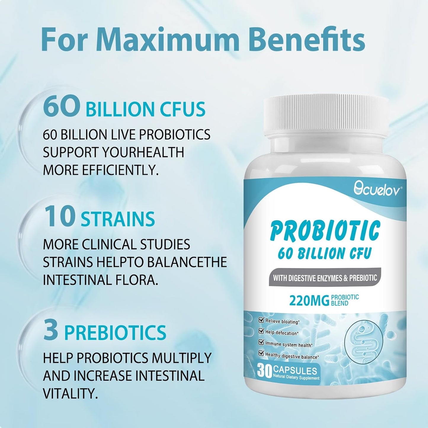 Probiotic Supplement 60 Billion CFU with 10 Strains, 3 Prebiotics - Supports Metabolism, Immunity, Digestive Health - Non-GMO, Gluten-Free - 30 Capsules
