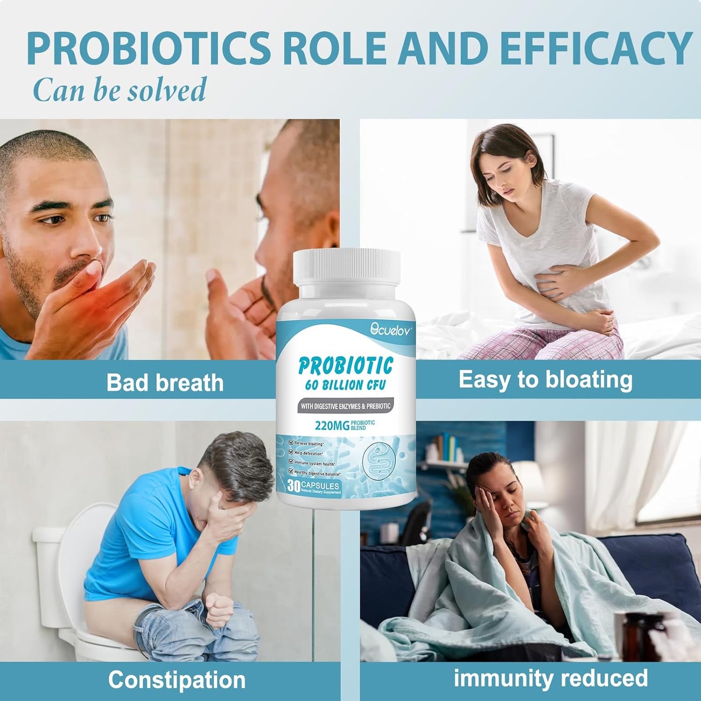 Probiotic Supplement 60 Billion CFU with 10 Strains, 3 Prebiotics - Supports Metabolism, Immunity, Digestive Health - Non-GMO, Gluten-Free - 30 Capsules