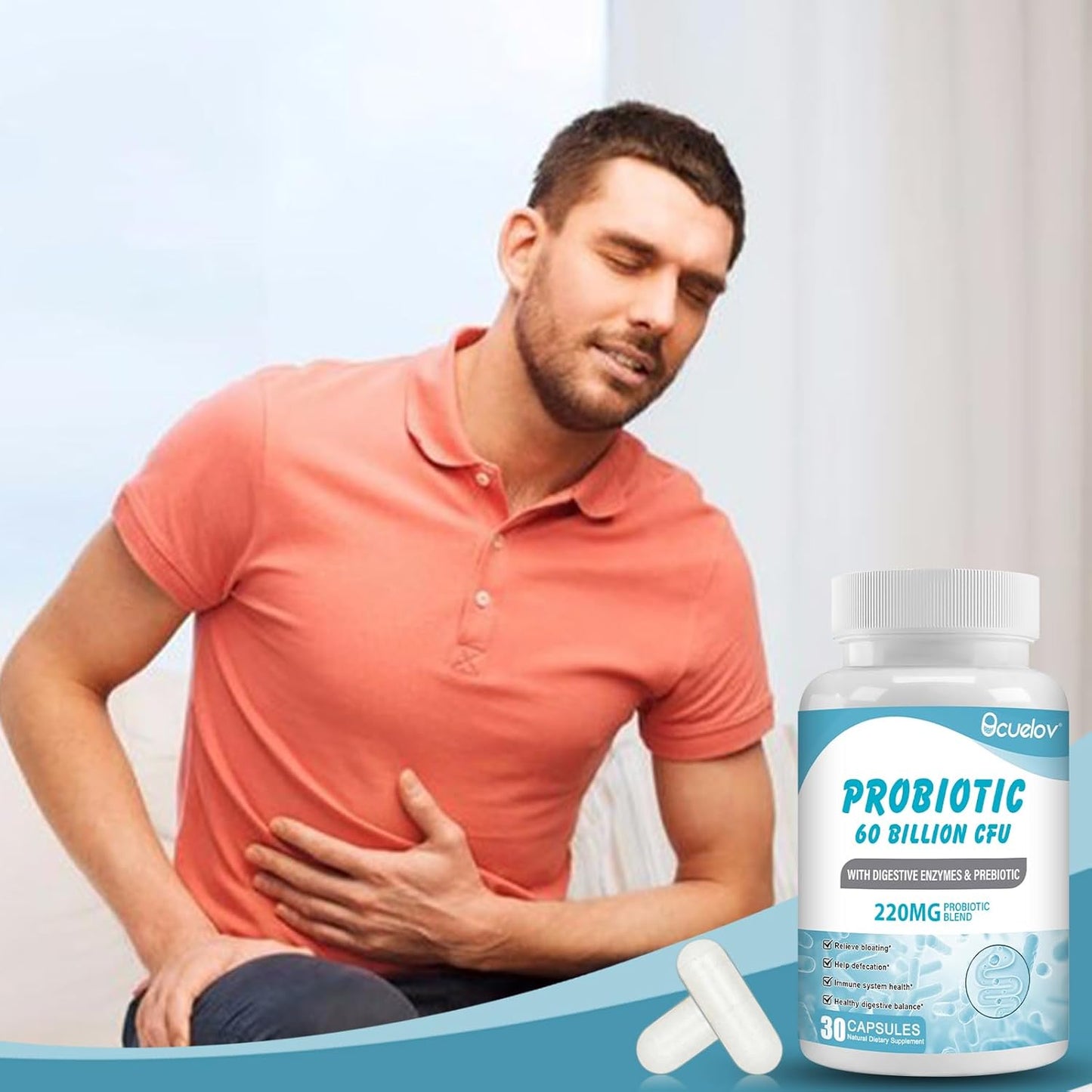 Probiotic Supplement 60 Billion CFU with 10 Strains, 3 Prebiotics - Supports Metabolism, Immunity, Digestive Health - Non-GMO, Gluten-Free - 30 Capsules