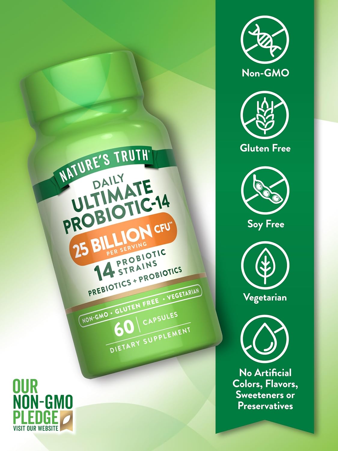 Probiotic Supplement for Men and Women | 25 Billion CFU | 60 Capsules | 14 Strains | Non-GMO & Gluten Free