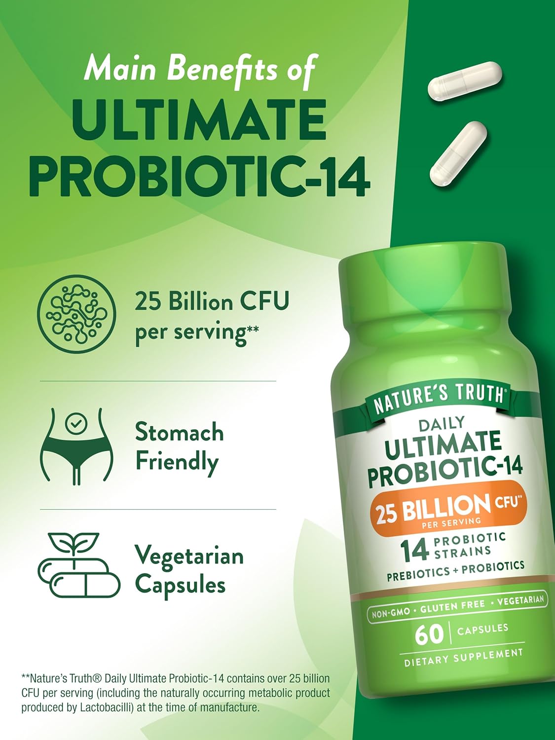 Probiotic Supplement for Men and Women | 25 Billion CFU | 60 Capsules | 14 Strains | Non-GMO & Gluten Free