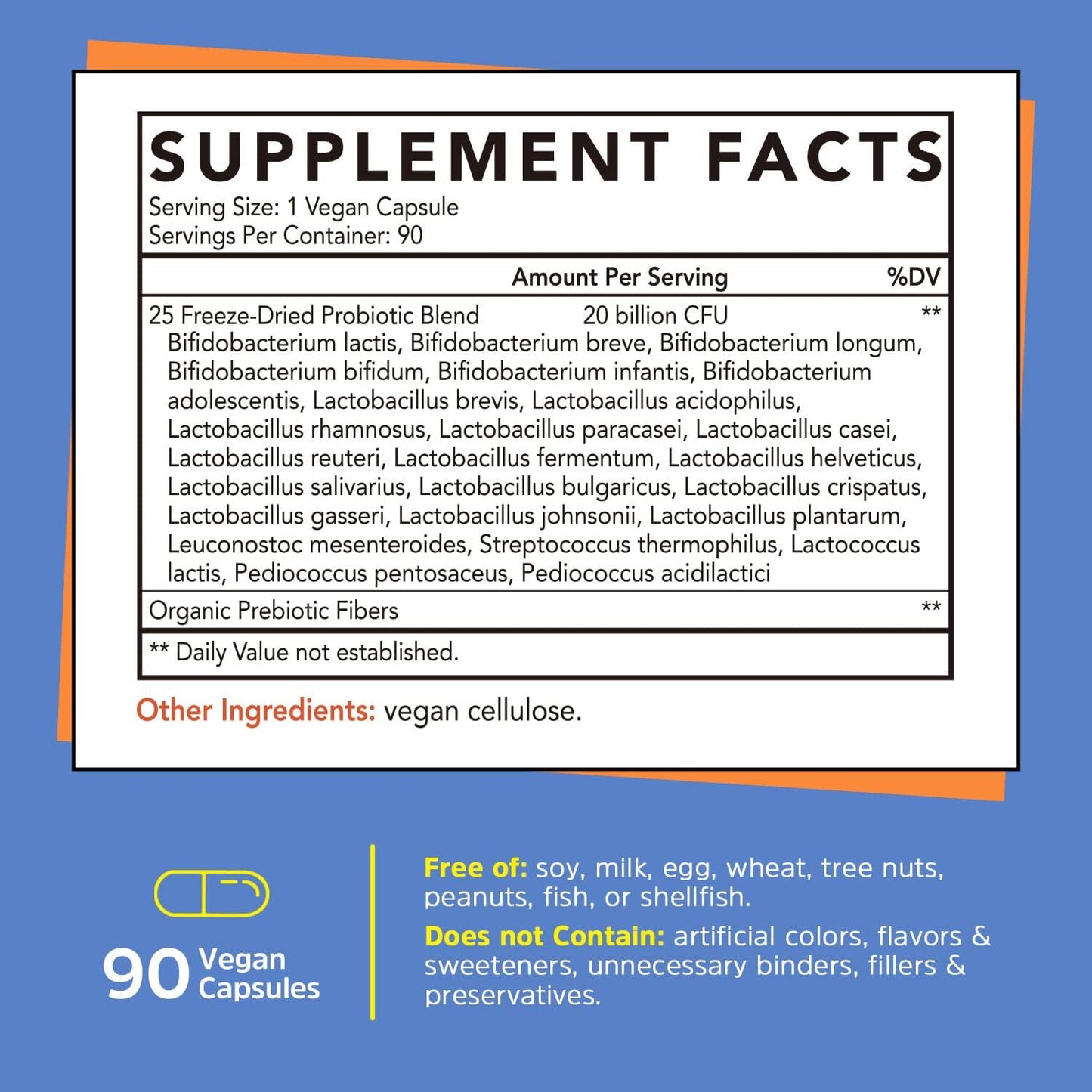 Probiotic Supplement for Men & Women with 20 Billion CFUs, 25 Strains, Prebiotic Fiber - Gut Health, Immune & Digestive Support - 90 Vegan Capsules, Freeze-Dried, Delayed-Release, Shelf-Stable