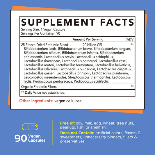 Probiotic Supplement for Men & Women with 20 Billion CFUs, 25 Strains, Prebiotic Fiber - Gut Health, Immune & Digestive Support - 90 Vegan Capsules, Freeze-Dried, Delayed-Release, Shelf-Stable