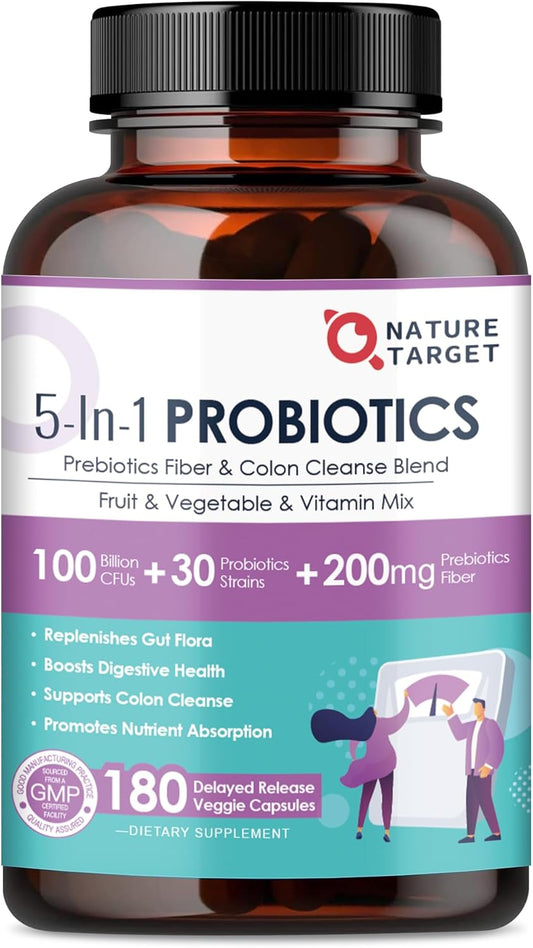 Probiotic with Prebiotics for Digestive Health, 100 Billion CFUs, 180 Veggie Capsules, Men's and Women's Gut Health Supplement