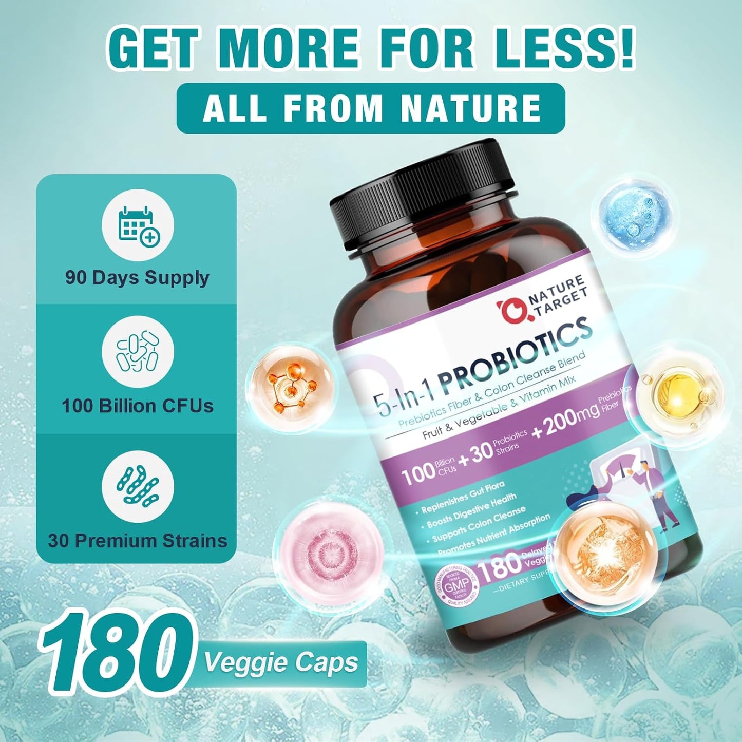 Probiotic with Prebiotics for Digestive Health, 100 Billion CFUs, 180 Veggie Capsules, Men's and Women's Gut Health Supplement