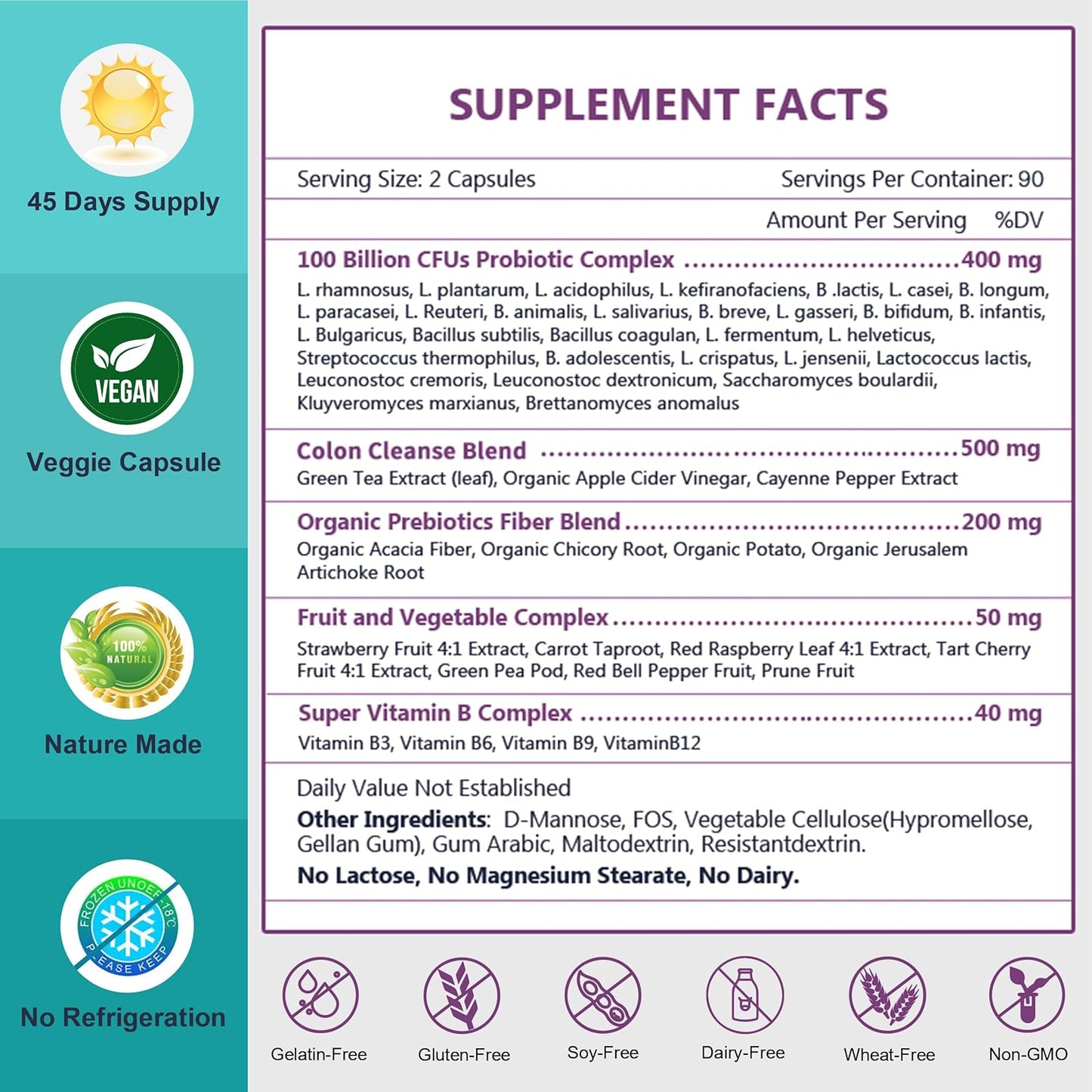 Probiotic with Prebiotics for Digestive Health, 100 Billion CFUs, 180 Veggie Capsules, Men's and Women's Gut Health Supplement